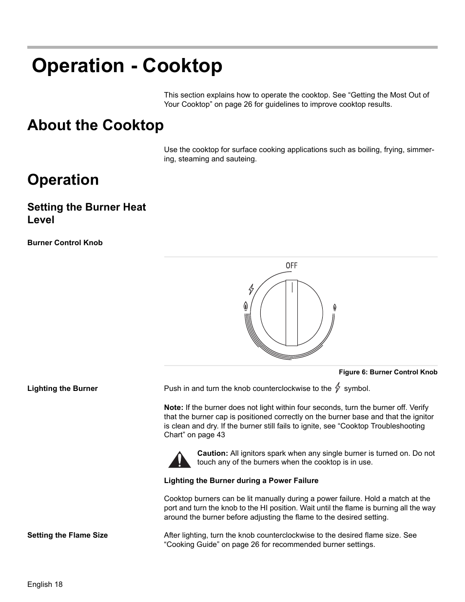 Operation - cooktop, About the cooktop, Operation | Setting the burner heat level, Burner control knob, Figure 6: burner control knob, Lighting the burner, Setting the flame size | Siemens HG2425UC User Manual | Page 22 / 52