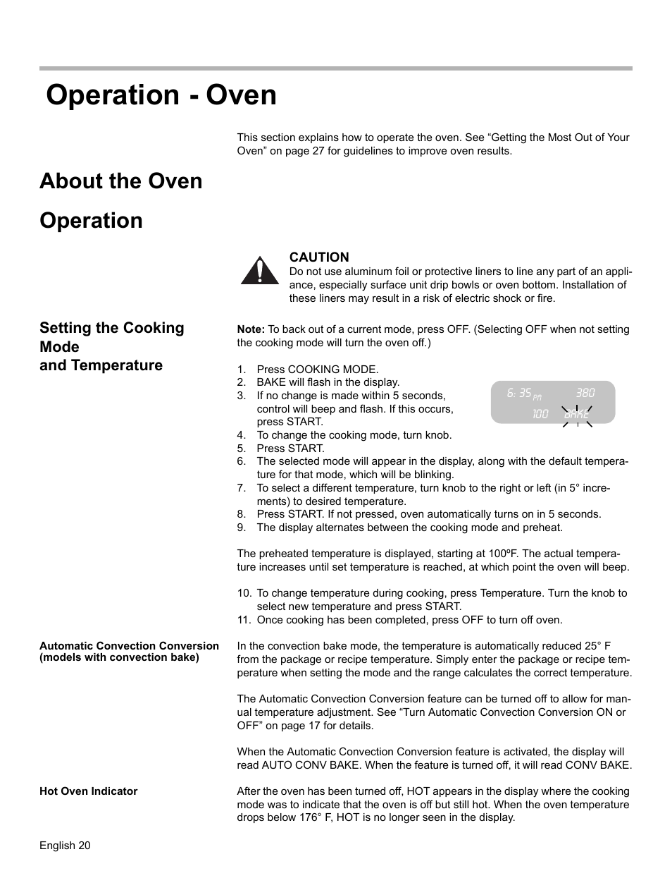 Operation - oven, About the oven, Operation | Setting the cooking mode and temperature, Press cooking mode, Bake will flash in the display, Bake, To change the cooking mode, turn knob, Press start, Hot oven indicator | Siemens HG2425UC User Manual | Page 24 / 52