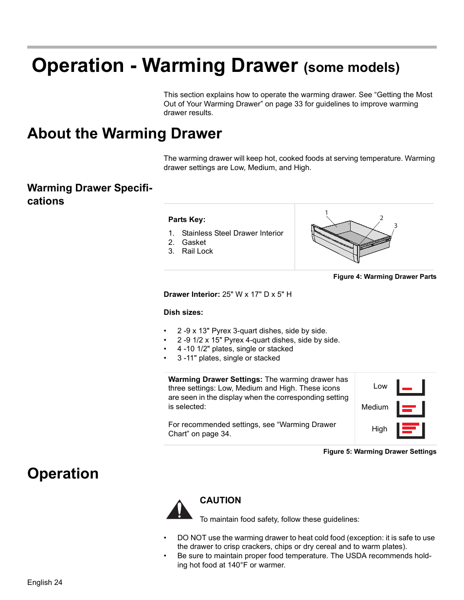 Operation - warming drawer (some models), About the warming drawer, Warming drawer specifications | Stainless steel drawer interior, Gasket, Rail lock, Figure 4: warming drawer parts, Figure 5: warming drawer settings, Operation, Operation - warming drawer | Siemens HG2425UC User Manual | Page 28 / 52