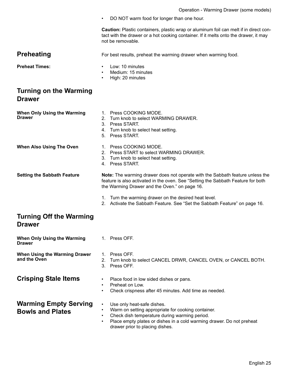 Preheating, Preheat times, Turning on the warming drawer | When only using the warming drawer, Press cooking mode, Turn knob to select warming drawer, Press start, Turn knob to select heat setting, When also using the oven, Press start to select warming drawer | Siemens HG2425UC User Manual | Page 29 / 52