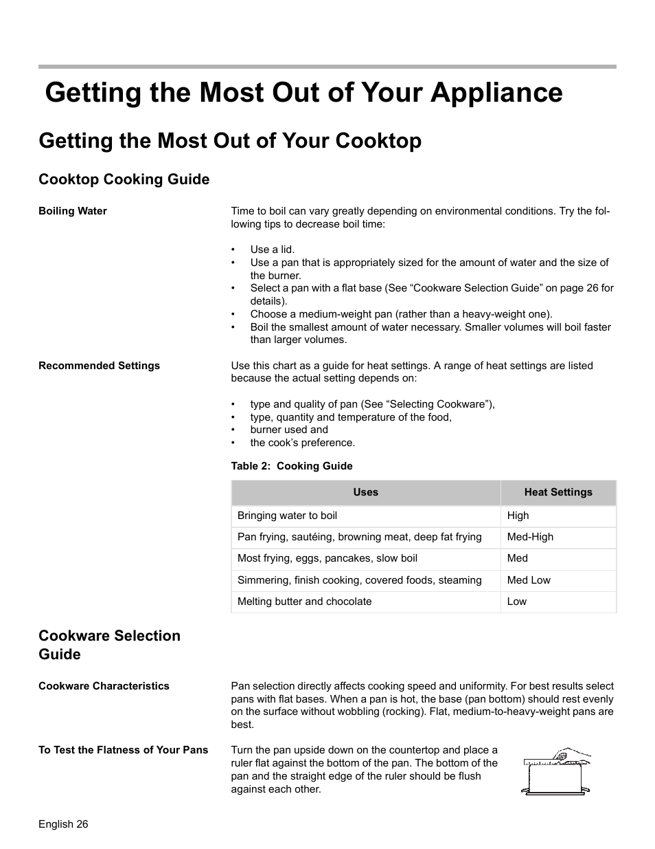 Getting the most out of your appliance, Getting the most out of your cooktop, Cooktop cooking guide | Boiling water, Recommended settings, Table 2: cooking guide, Cookware selection guide, Cookware characteristics, To test the flatness of your pans | Siemens HG2425UC User Manual | Page 30 / 52