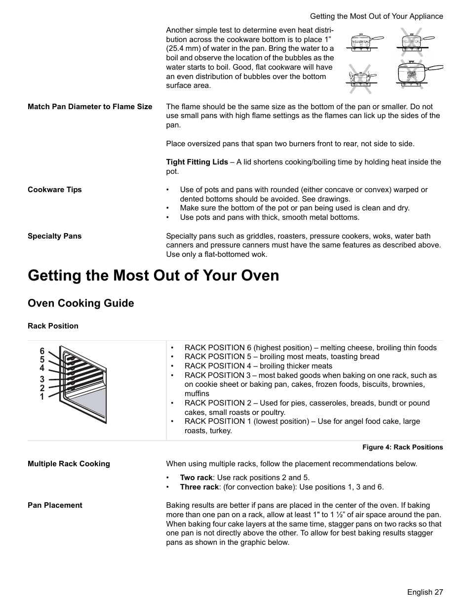 Match pan diameter to flame size, Cookware tips, Specialty pans | Getting the most out of your oven, Oven cooking guide, Rack position, Figure 4: rack positions, Multiple rack cooking, Pan placement | Siemens HG2425UC User Manual | Page 31 / 52