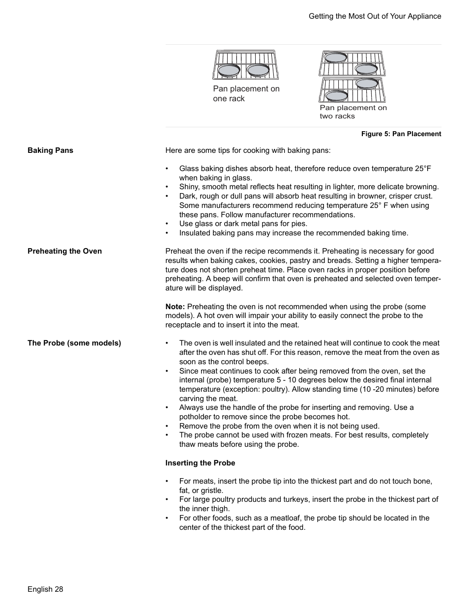 Figure 5: pan placement, Baking pans, Preheating the oven | The probe (some models) | Siemens HG2425UC User Manual | Page 32 / 52