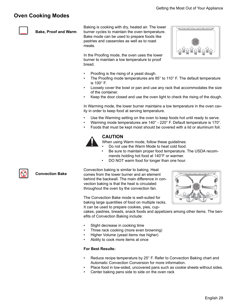 Oven cooking modes, Bake, proof and warm, Convection bake | Siemens HG2425UC User Manual | Page 33 / 52