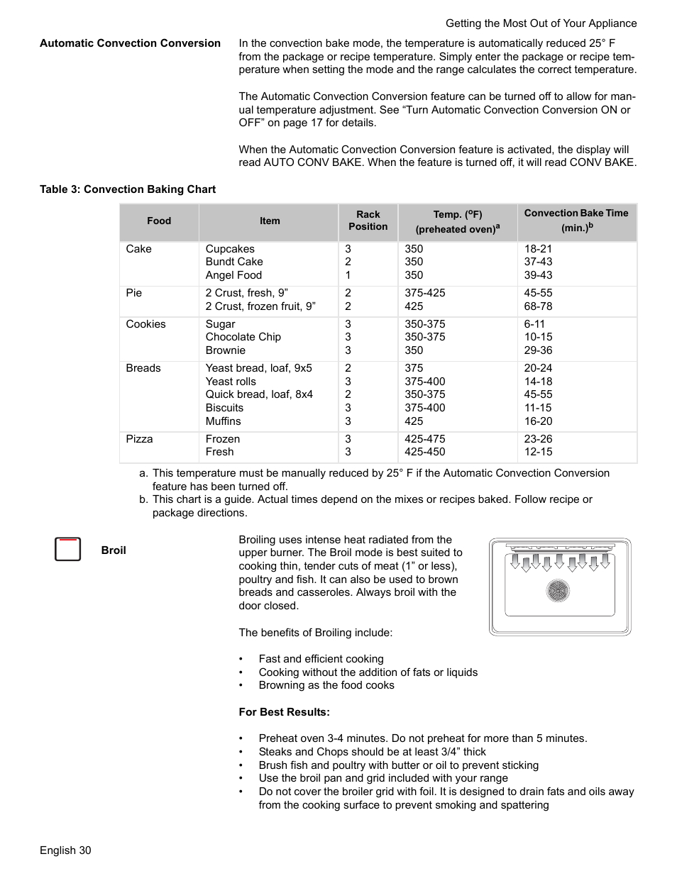 Automatic convection conversion, Table 3: convection baking chart, Broil | Siemens HG2425UC User Manual | Page 34 / 52