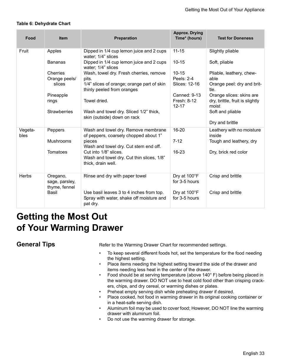 Table 6: dehydrate chart, Getting the most out of your warming drawer, General tips | Siemens HG2425UC User Manual | Page 37 / 52