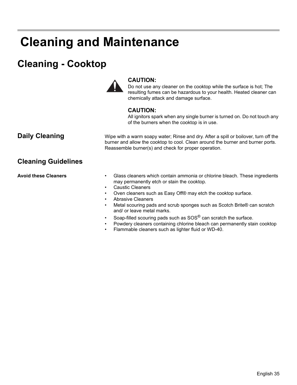 Cleaning and maintenance, Cleaning - cooktop, Daily cleaning | Cleaning guidelines, Avoid these cleaners | Siemens HG2425UC User Manual | Page 39 / 52