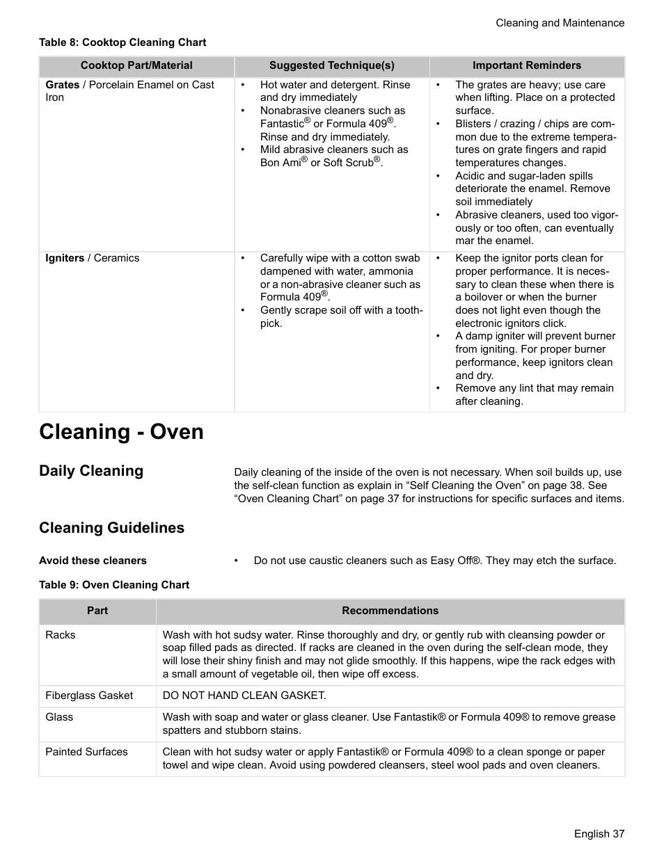 Cleaning - oven, Daily cleaning, Cleaning guidelines | Avoid these cleaners, Table 9: oven cleaning chart | Siemens HG2425UC User Manual | Page 41 / 52