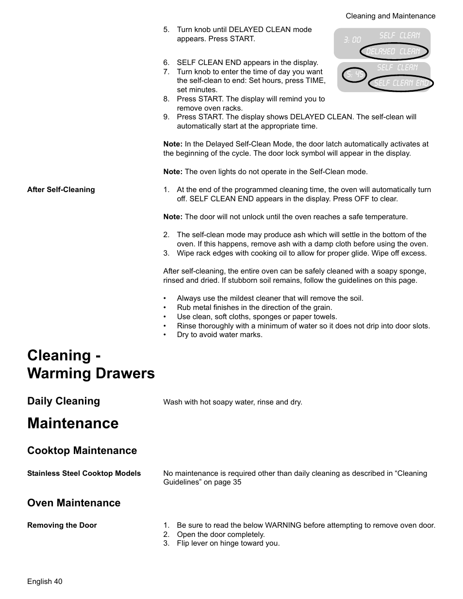 Self clean end appears in the display, After self-cleaning, Cleaning - warming drawers | Daily cleaning, Maintenance, Cooktop maintenance, Stainless steel cooktop models, Oven maintenance, Removing the door, Open the door completely | Siemens HG2425UC User Manual | Page 44 / 52