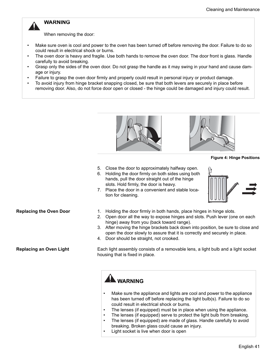 Figure 4: hinge positions, Close the door to approximately halfway open, Replacing the oven door | Door should be straight, not crooked, Replacing an oven light | Siemens HG2425UC User Manual | Page 45 / 52