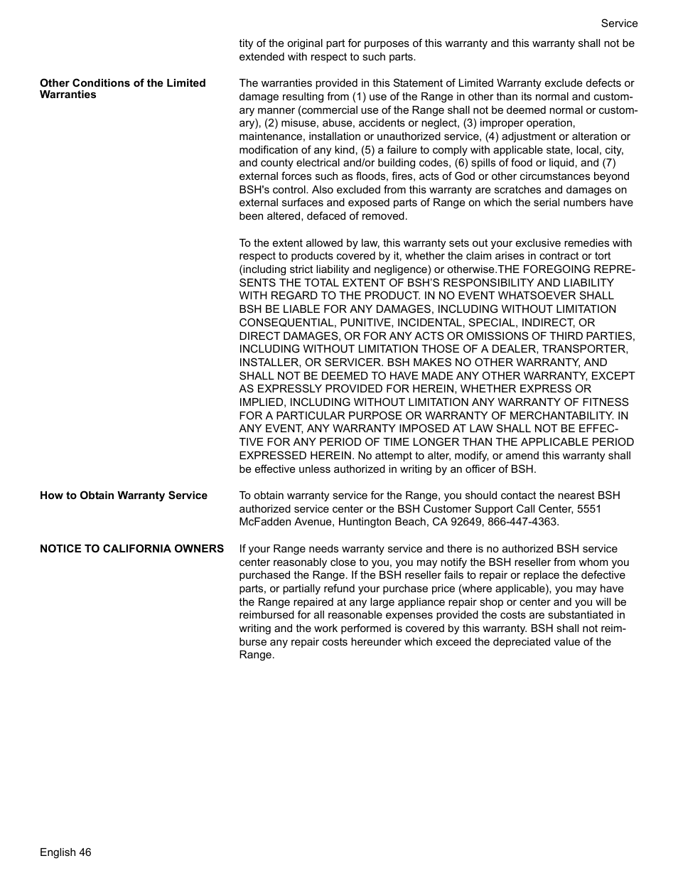 Other conditions of the limited warranties, How to obtain warranty service, Notice to california owners | Siemens HG2425UC User Manual | Page 50 / 52