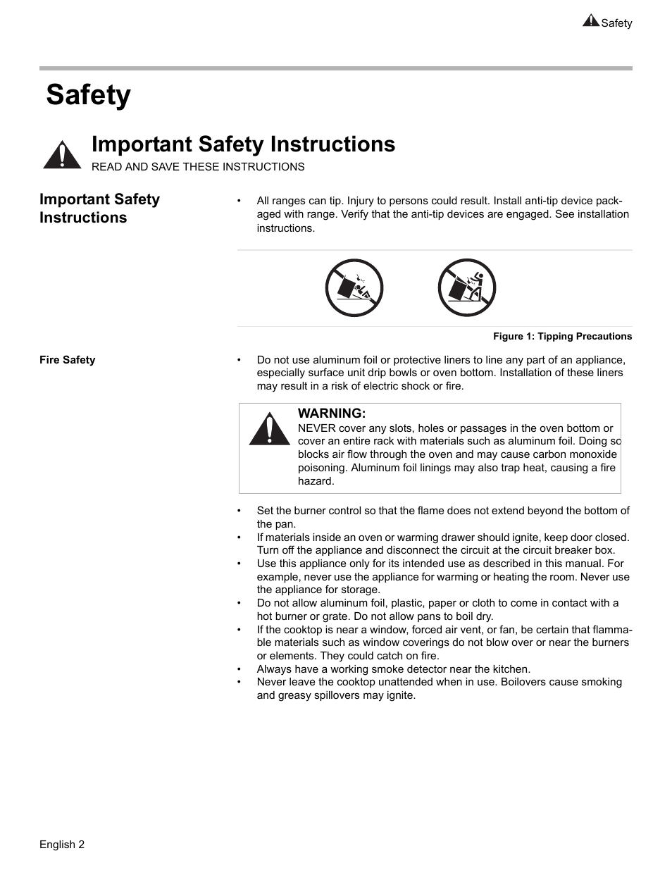 Safety, Important safety instructions, Figure 1: tipping precautions | Fire safety | Siemens HG2425UC User Manual | Page 6 / 52