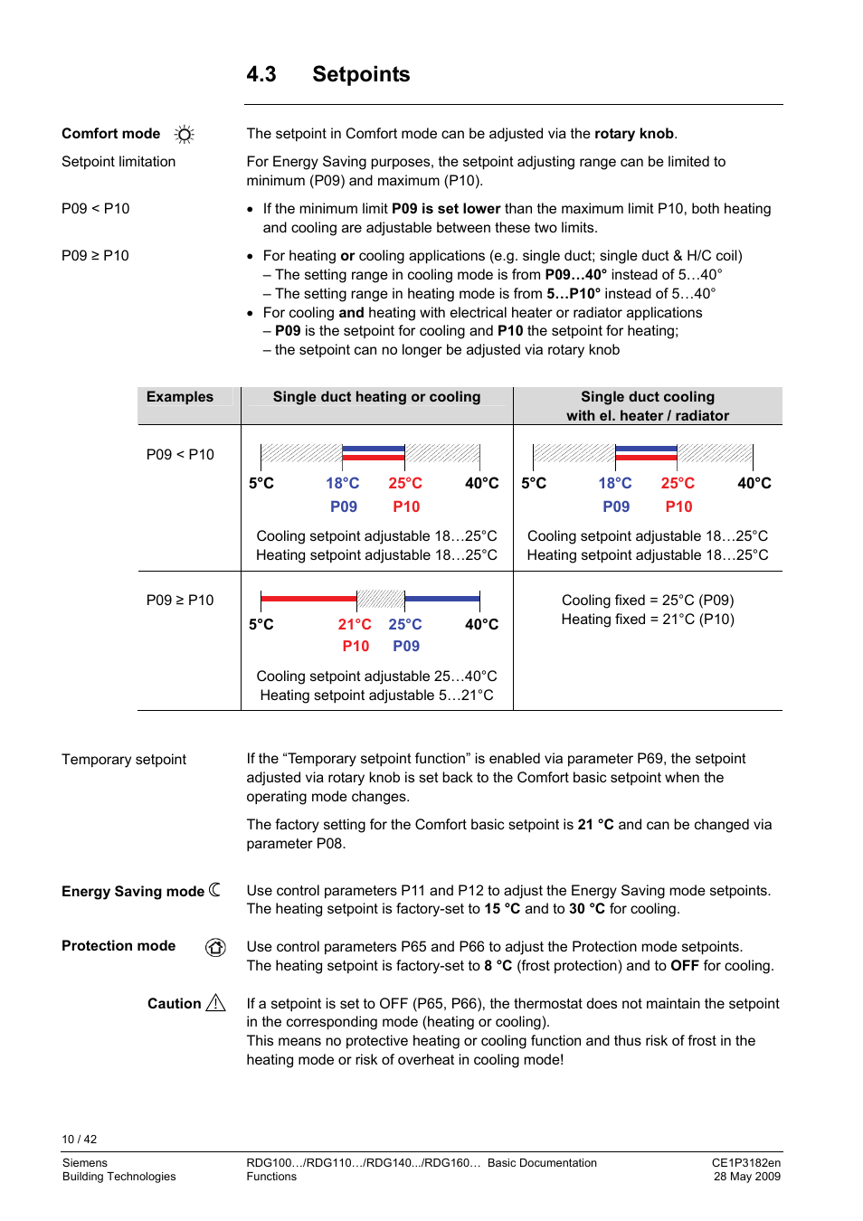 3 setpoints, Operating modes | Siemens RDG400 User Manual | Page 10 / 42