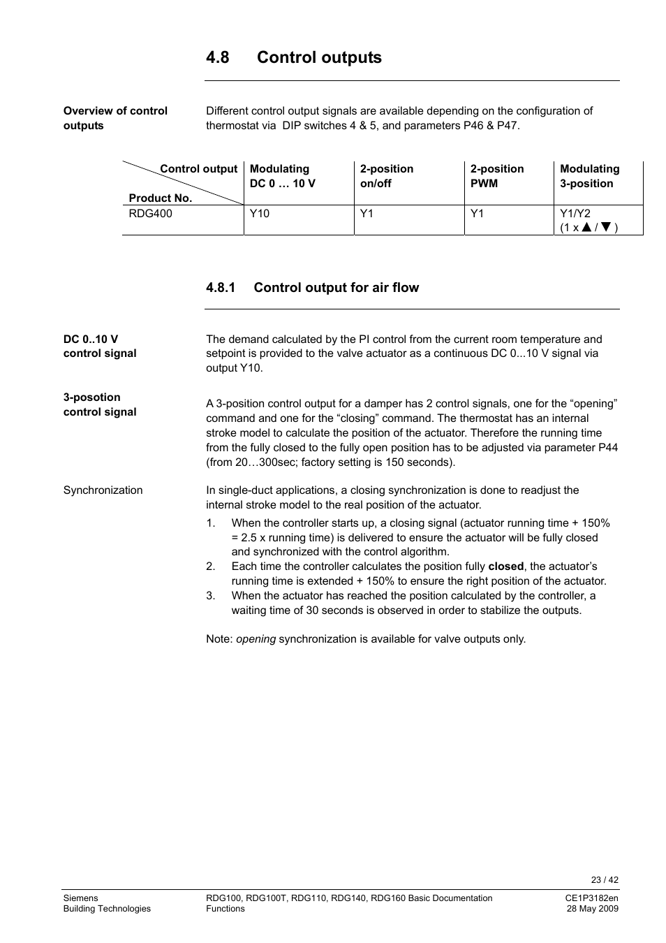 8 control outputs, 1 control output for air flow, Single duct with radiator or floor heating | Siemens RDG400 User Manual | Page 23 / 42