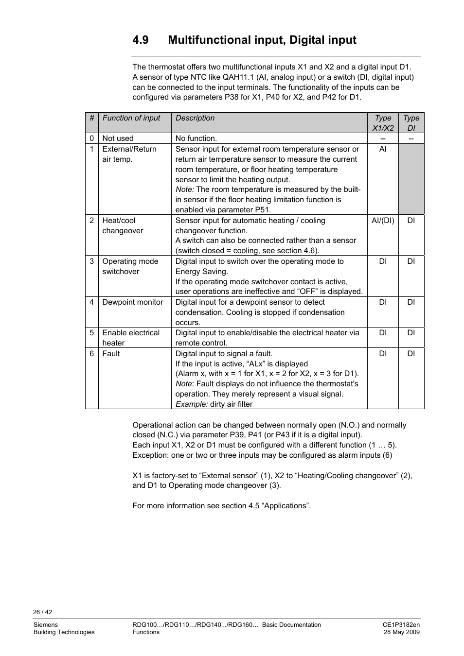 9 multifunctional input, digital input, 9 “multif, 9 “multi | 9 “multifuncti, Ction 4.9 “multifuncti | Siemens RDG400 User Manual | Page 26 / 42