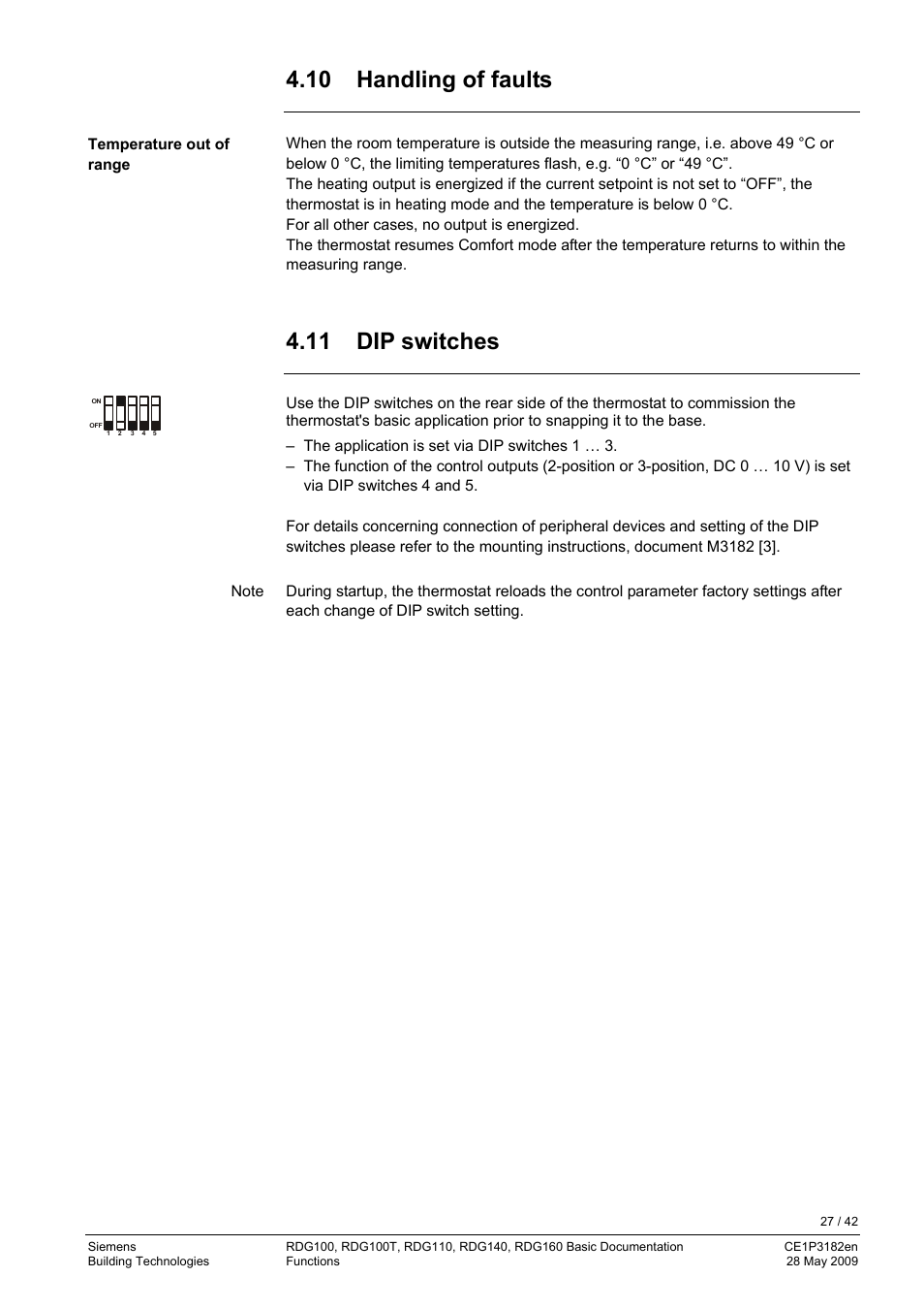 10 handling of faults, 11 dip switches | Siemens RDG400 User Manual | Page 27 / 42