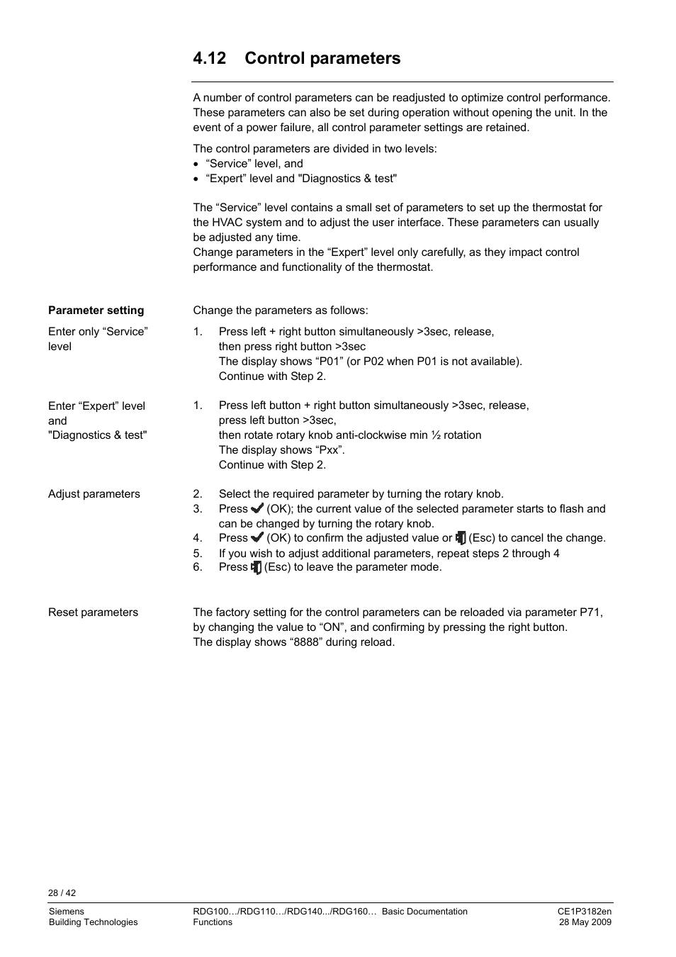 12 control parameters, Multifunctional input, digital input | Siemens RDG400 User Manual | Page 28 / 42