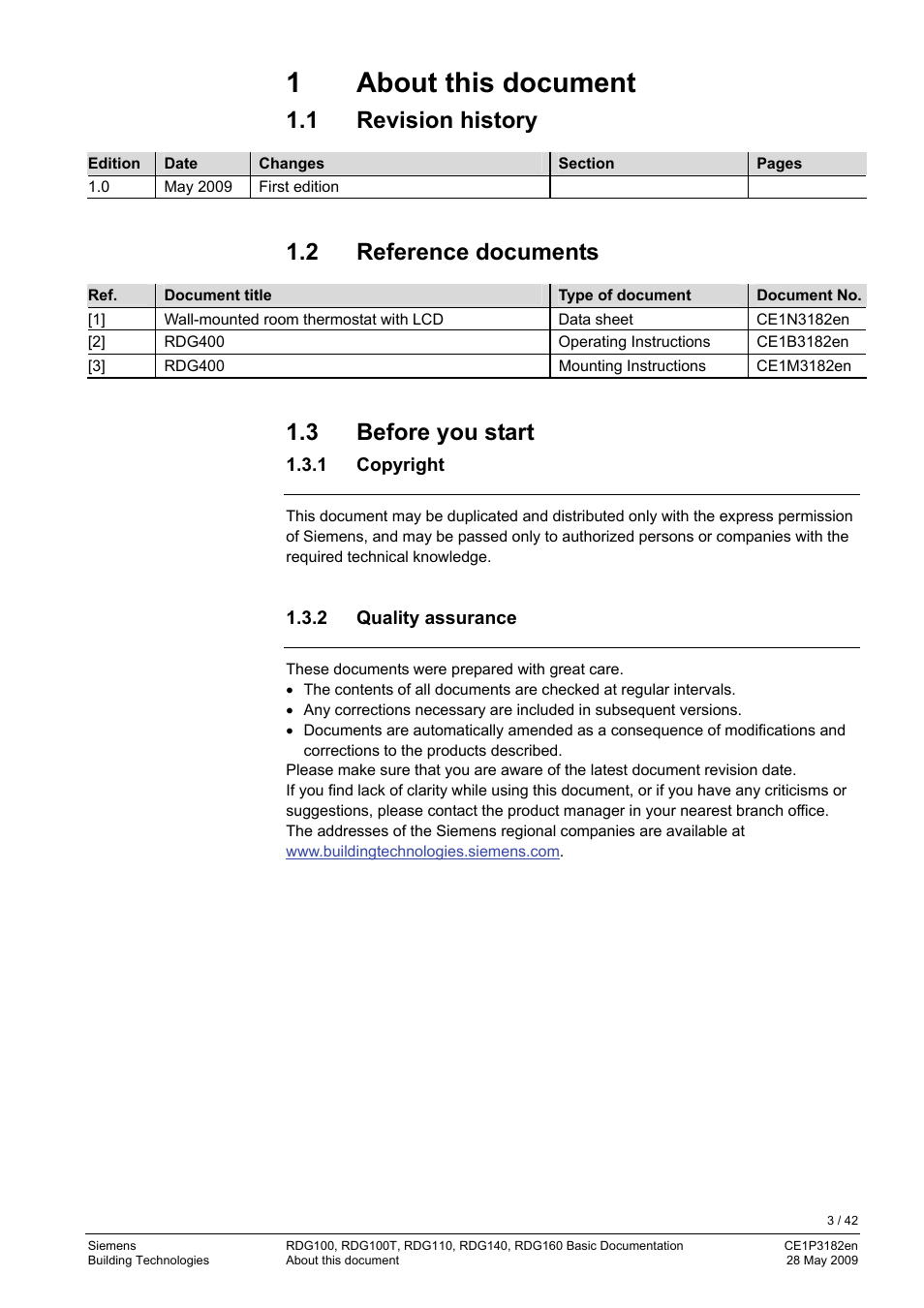 1 about this document, 1 revision history, 2 reference documents | 3 before you start, 1 copyright, 2 quality assurance, About this document, Revision history, Reference documents, Before you start | Siemens RDG400 User Manual | Page 3 / 42