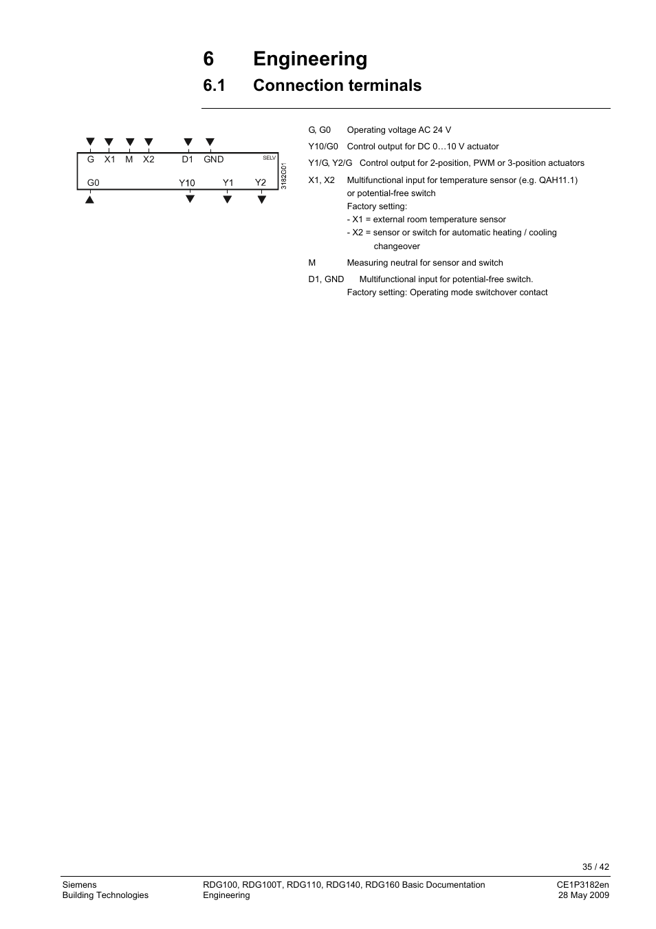 6 engineering, 1 connection terminals, Operation | Siemens RDG400 User Manual | Page 35 / 42