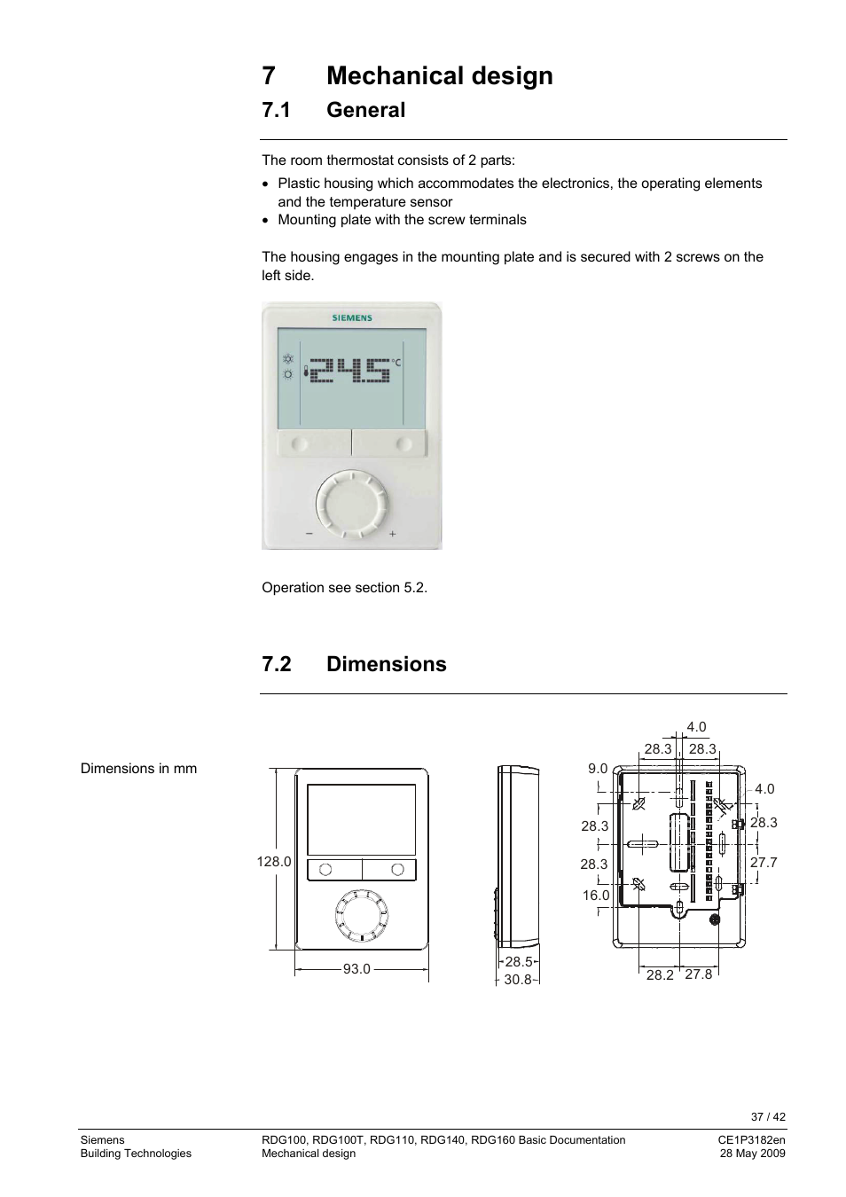 7 mechanical design, 1 general, 2 dimensions | Engineering, Connection terminals | Siemens RDG400 User Manual | Page 37 / 42