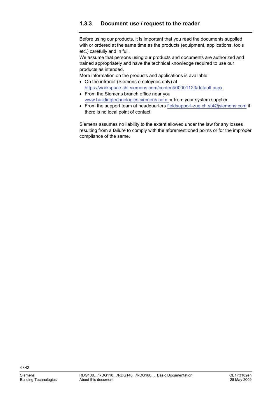 3 document use / request to the reader, 2 summary, Document use / request to the reader | Siemens RDG400 User Manual | Page 4 / 42