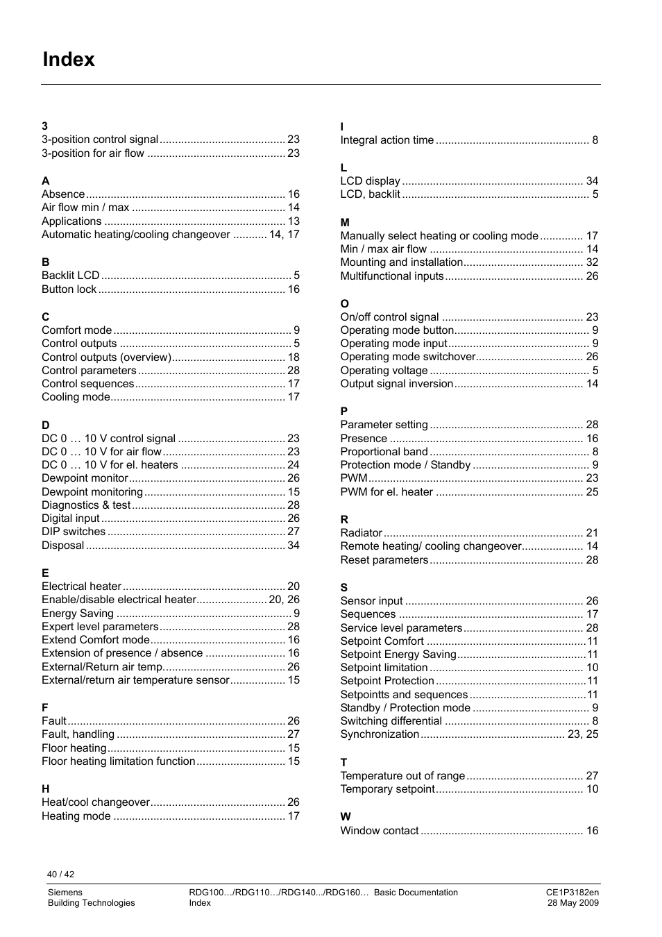 Index, Technical data | Siemens RDG400 User Manual | Page 40 / 42