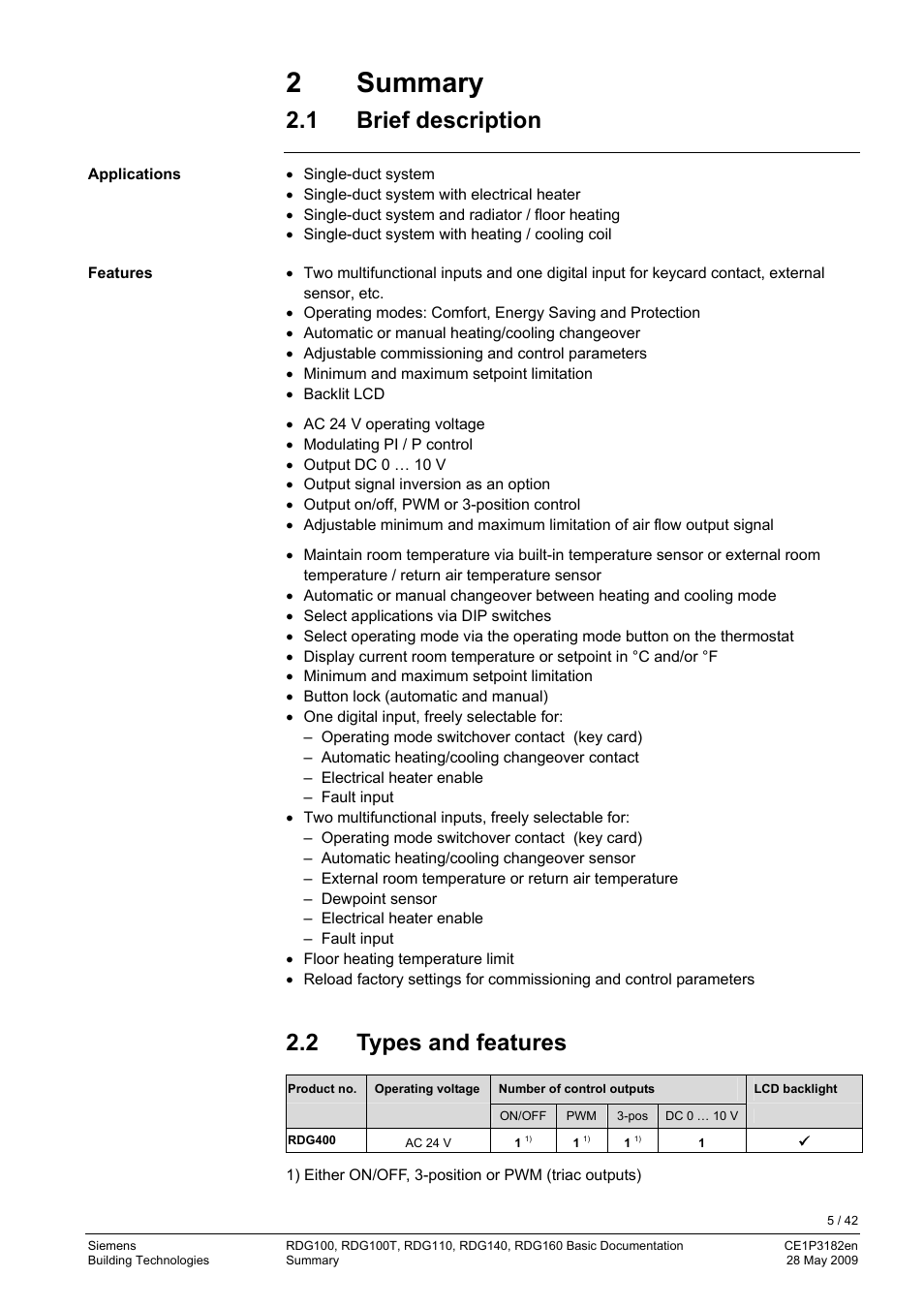 1 brief description, 2 types and features, Summary | Brief description, Types and features, 2 summary | Siemens RDG400 User Manual | Page 5 / 42