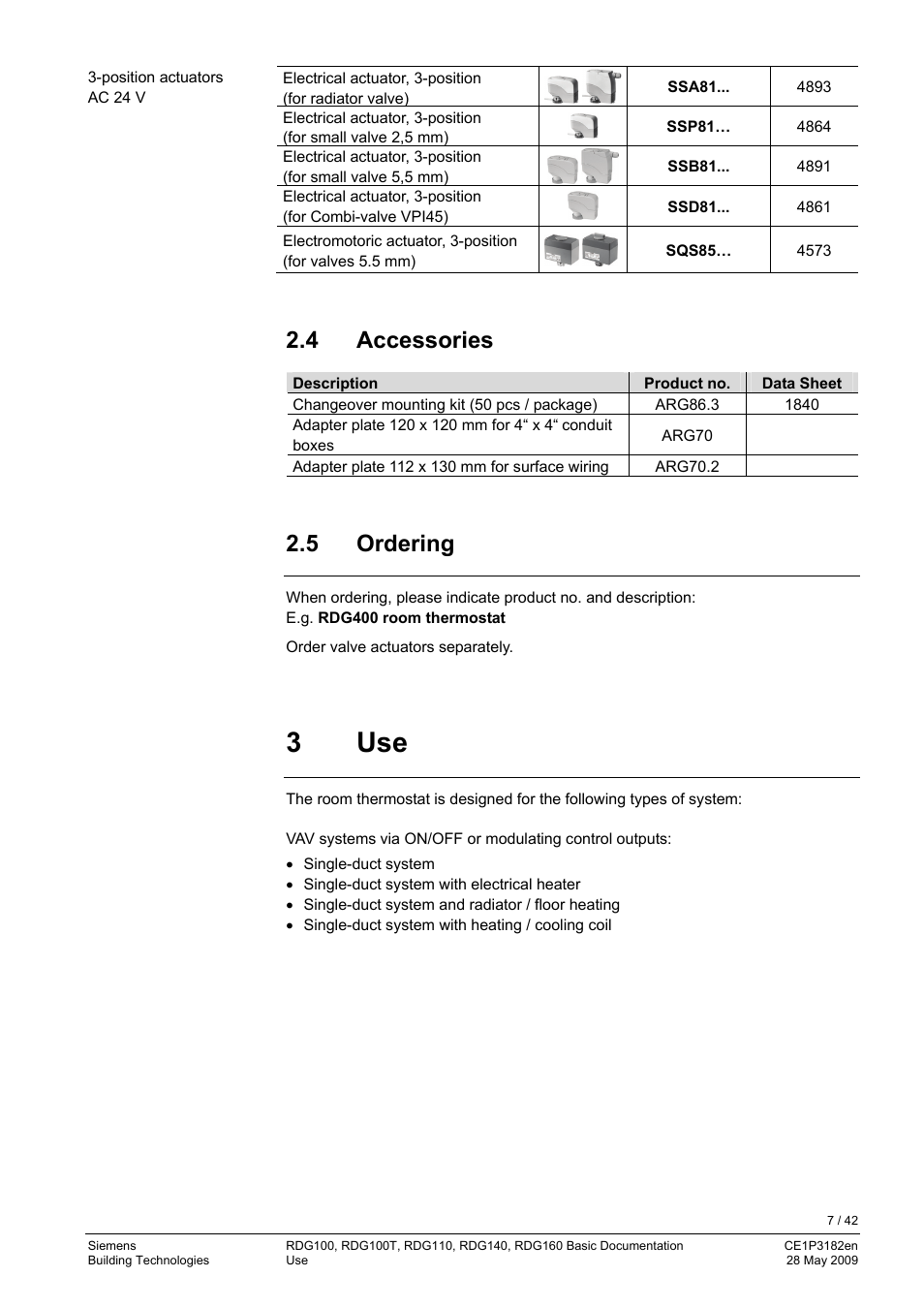 4 accessories, 5 ordering, 3 use | Equipment combinations | Siemens RDG400 User Manual | Page 7 / 42