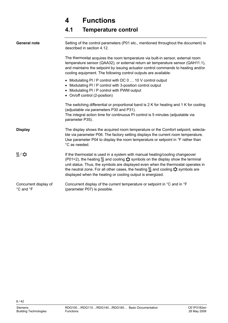 4 functions, 1 temperature control, Accessories | Ordering | Siemens RDG400 User Manual | Page 8 / 42