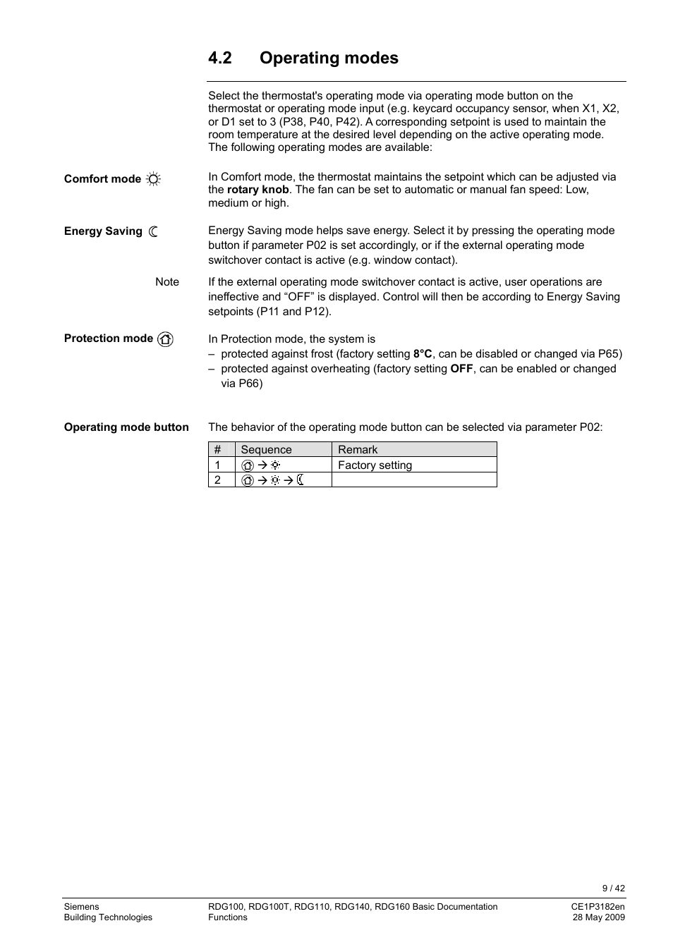 2 operating modes, Functions, Temperature control | Siemens RDG400 User Manual | Page 9 / 42