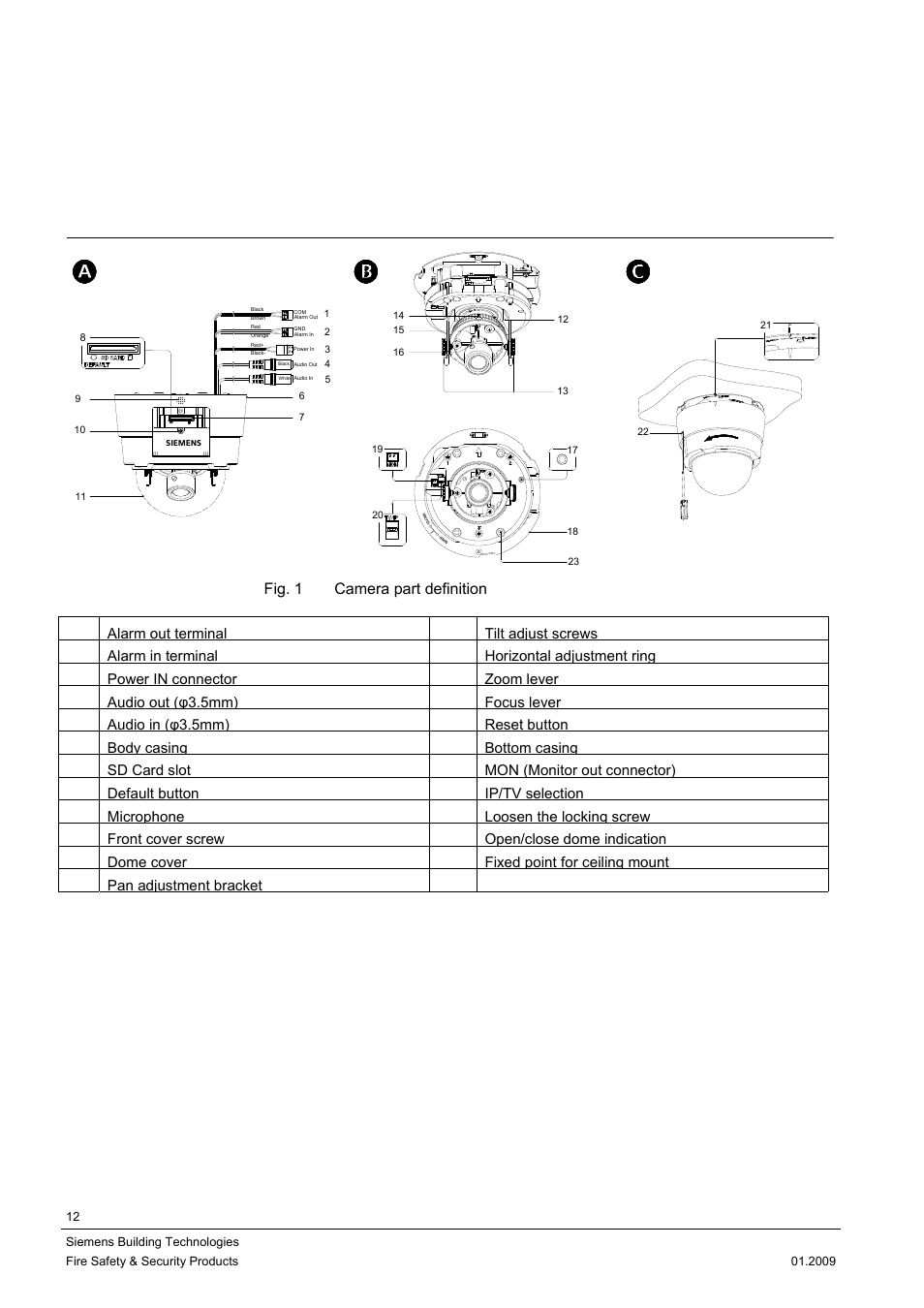 5 camera part and connector definition, 1 camera part definition, 5camera part and connector definition | Camera part and connector definition, Fig. 1 camera part definition | Siemens DOME COLOUR CFMC1315-LP User Manual | Page 12 / 62