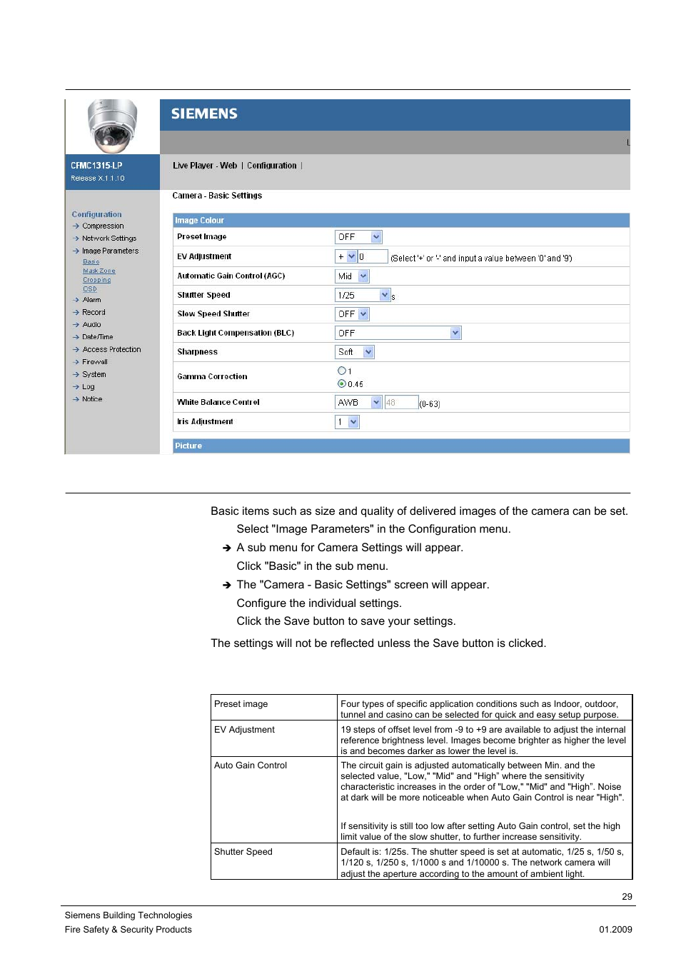 3 image parameters, 1 camera - basic settings | Siemens DOME COLOUR CFMC1315-LP User Manual | Page 29 / 62