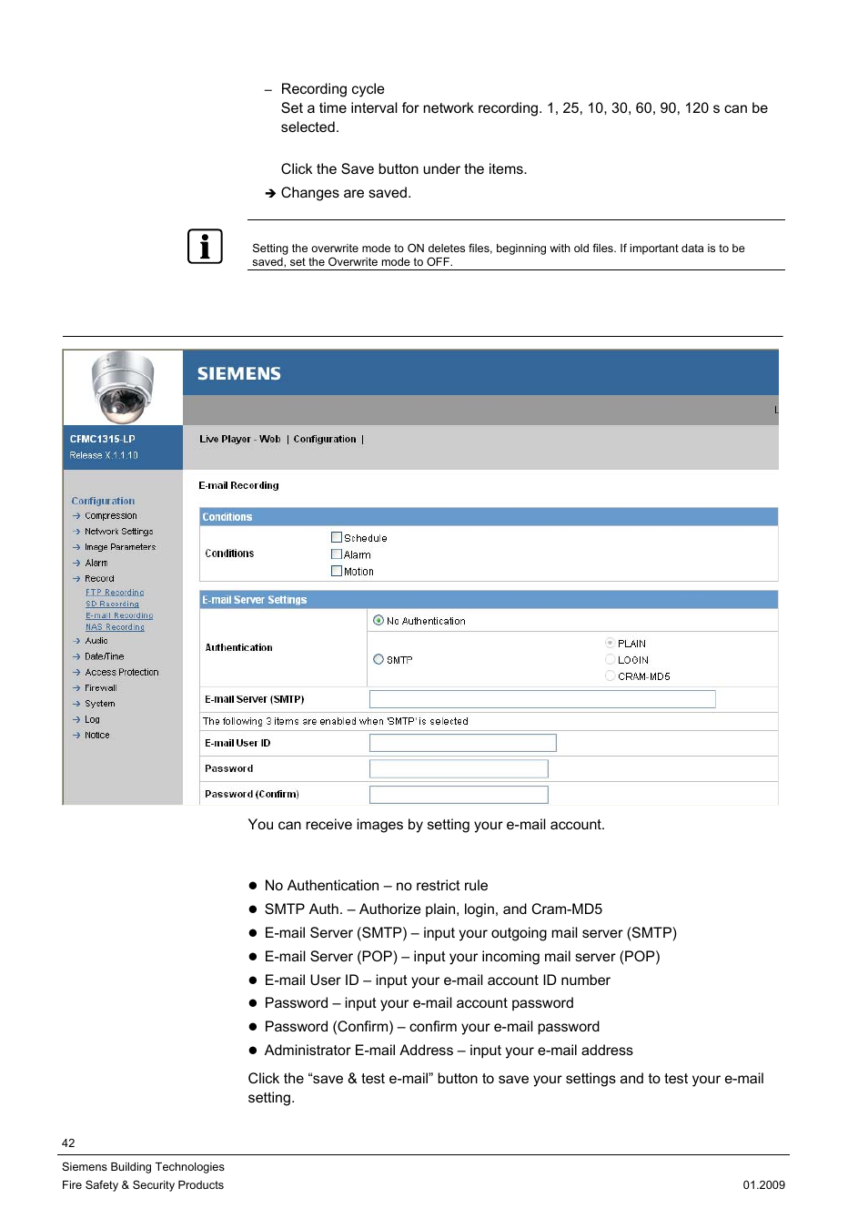 3 emailing recording | Siemens DOME COLOUR CFMC1315-LP User Manual | Page 42 / 62