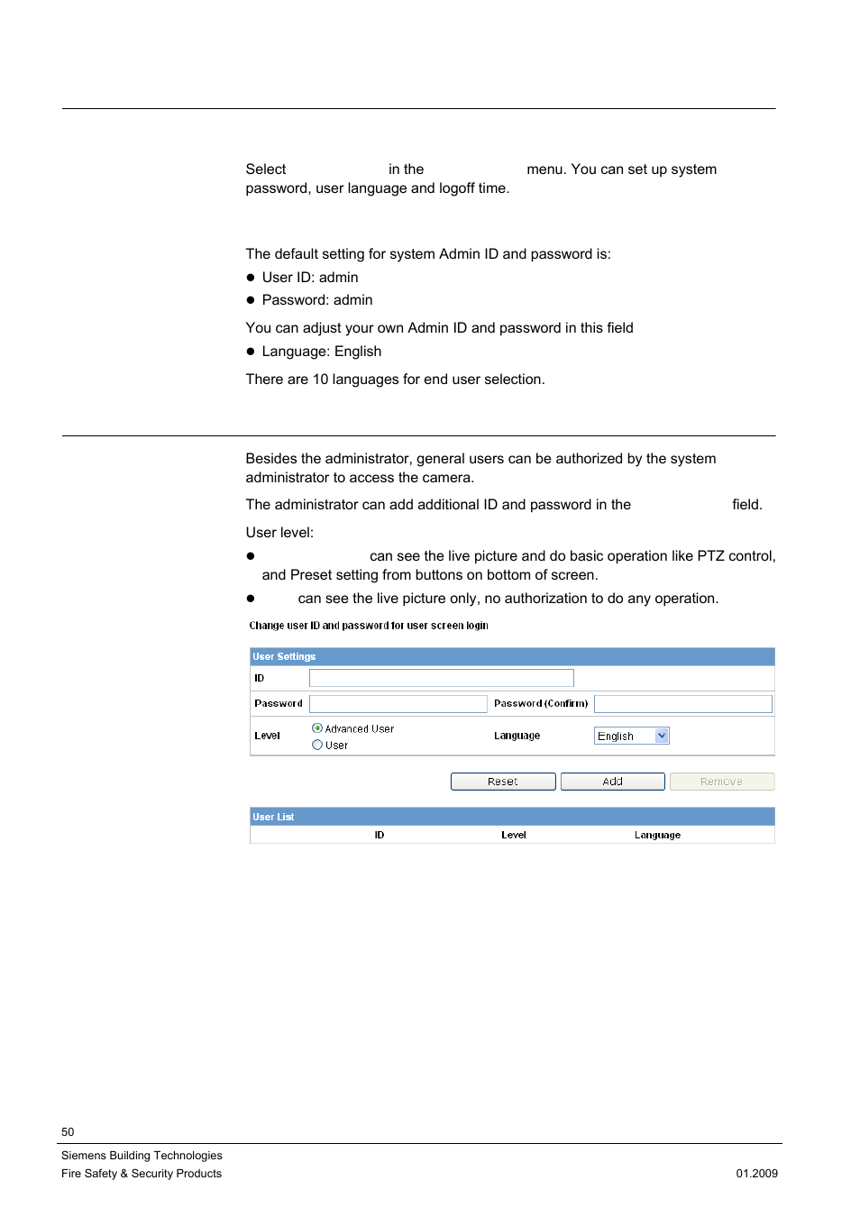 1 administrator, 2 user list | Siemens DOME COLOUR CFMC1315-LP User Manual | Page 50 / 62