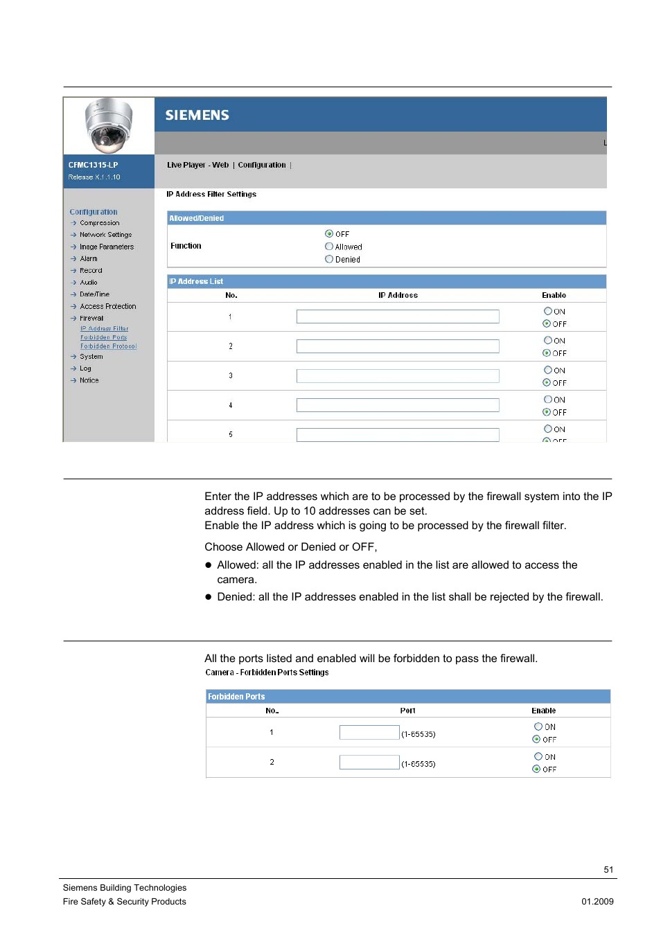 9 firewall, 1 ip adress filter, 2 forbidden ports | Siemens DOME COLOUR CFMC1315-LP User Manual | Page 51 / 62