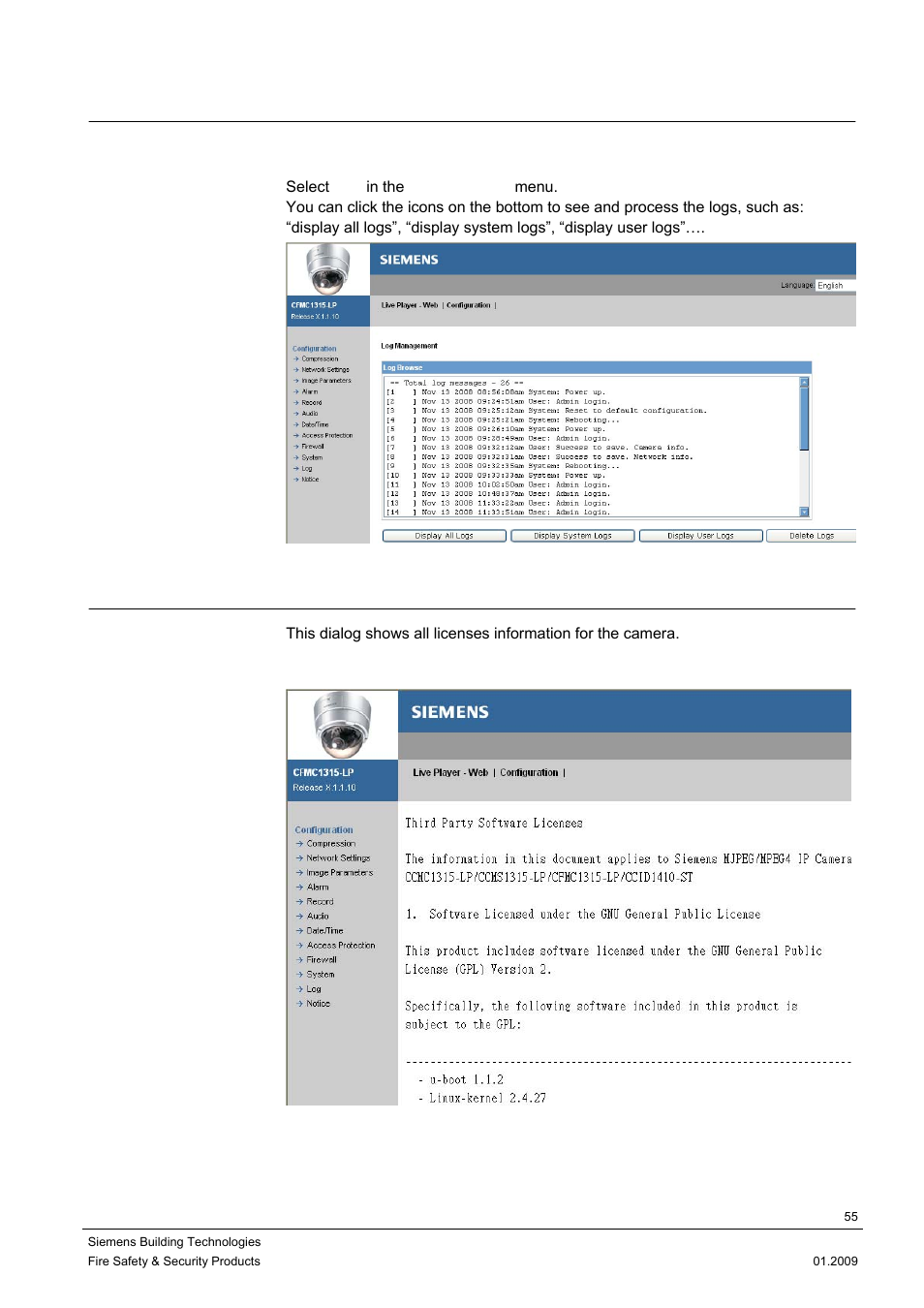 11 log, 12 notice | Siemens DOME COLOUR CFMC1315-LP User Manual | Page 55 / 62