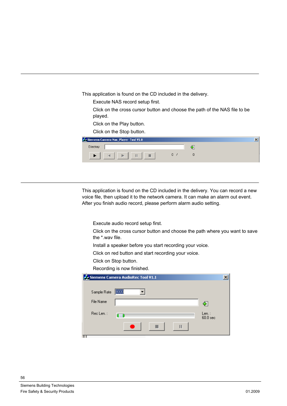 8 utility program application, 1 nas player setup, 2 audio record setup | Siemens DOME COLOUR CFMC1315-LP User Manual | Page 56 / 62