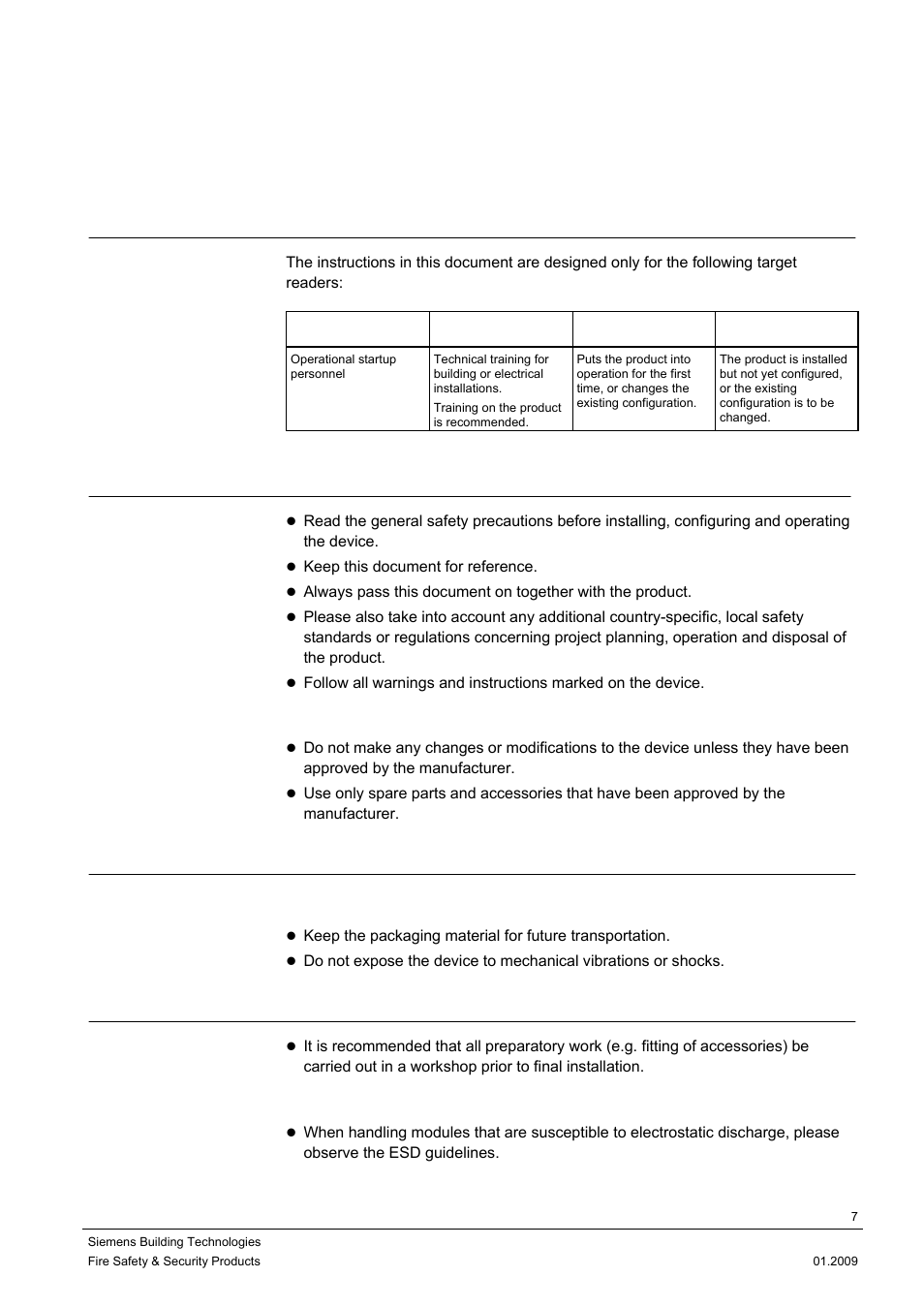 1 safety, 1 target readers, 2 general safety precautions | 1 transport, 2 installation | Siemens DOME COLOUR CFMC1315-LP User Manual | Page 7 / 62