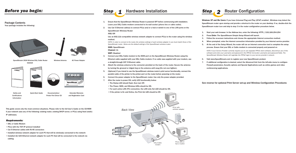 Before you begin: step, Hardware installation, Step | Router configuration, Back view, Package contents, Requirements, Printer | Siemens SpeedStream 2624 User Manual | Page 2 / 2