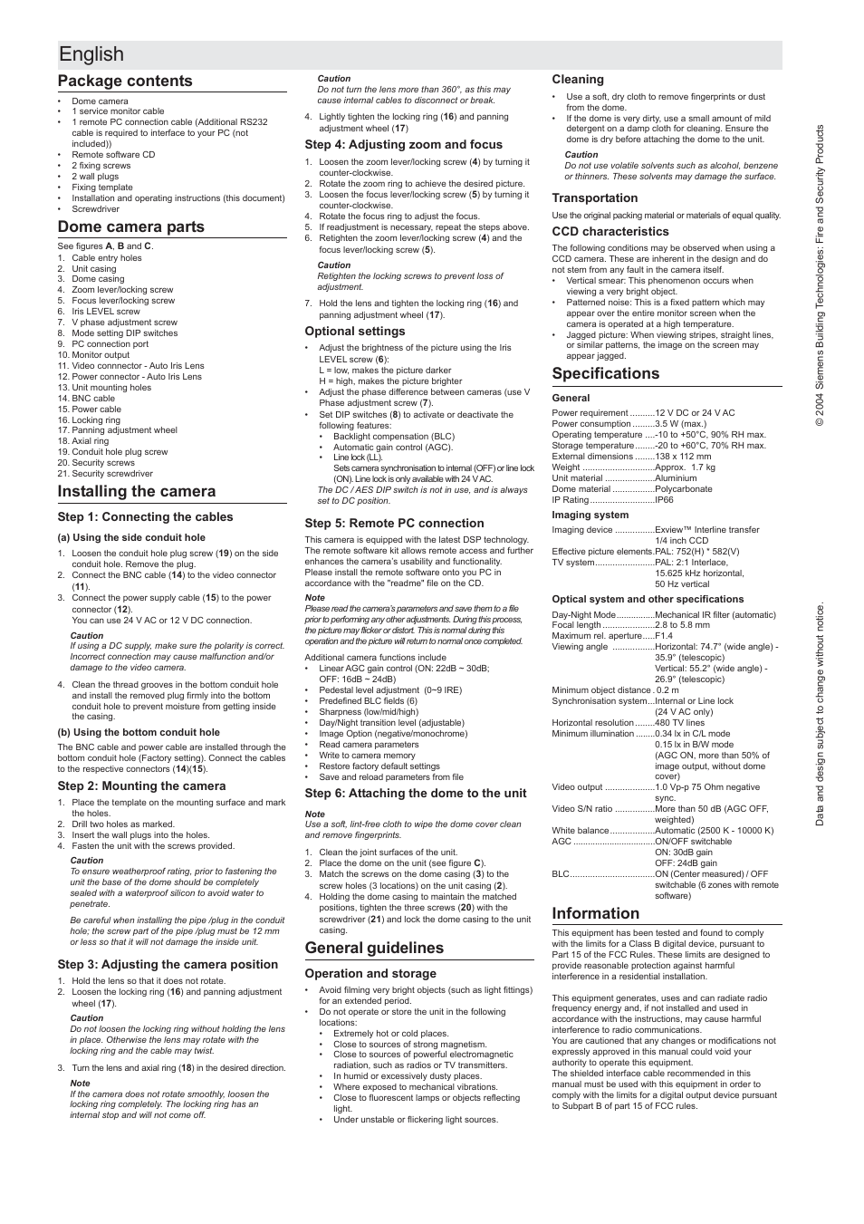 English, Package contents, Dome camera parts | Installing the camera, General guidelines, Specifications, Information | Siemens CVVS1415-LP User Manual | Page 2 / 6