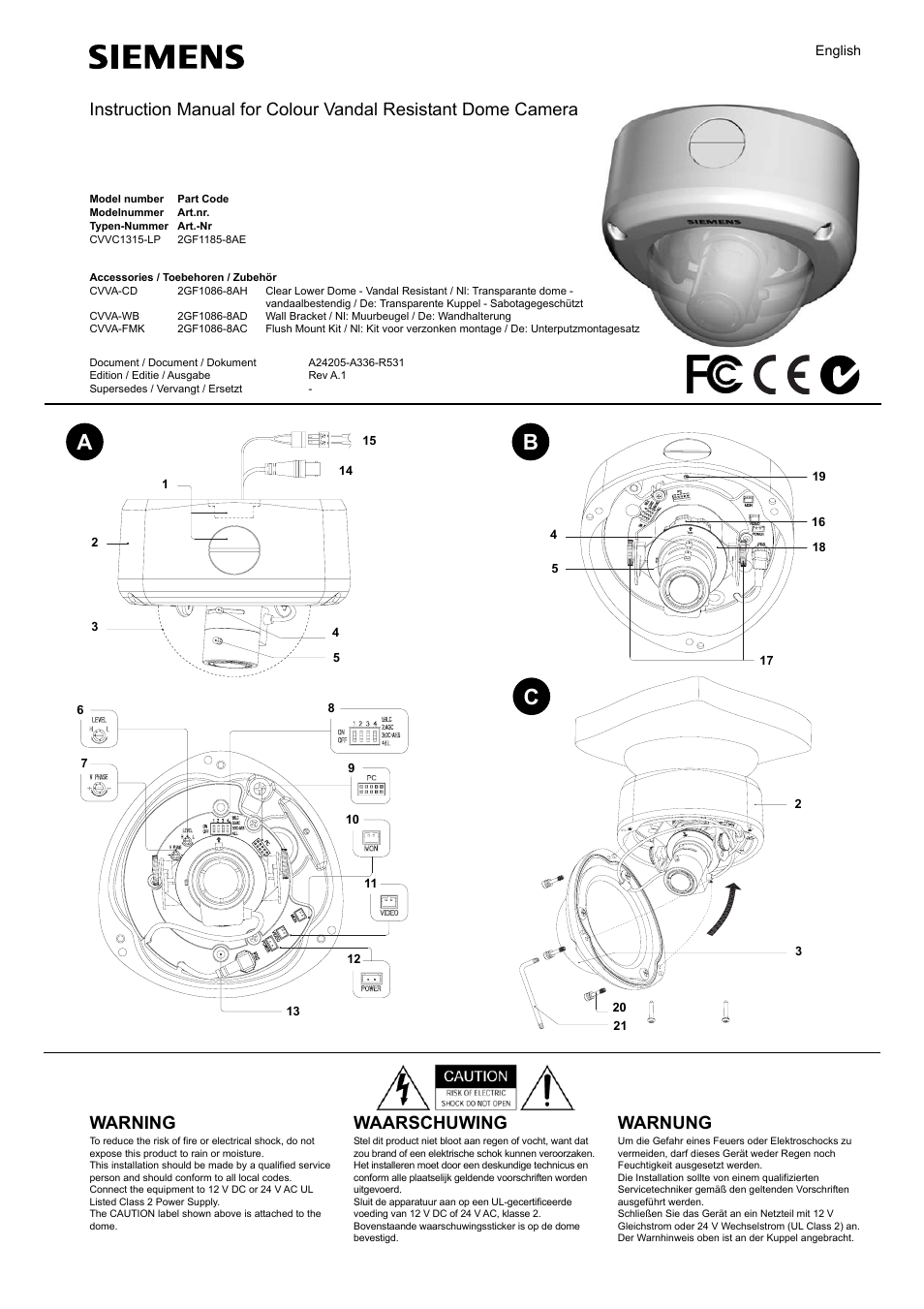 Cvvc1315 - colour, Ab c, Warning | Waarschuwing, Warnung | Siemens CVVS1415-LP User Manual | Page 3 / 6