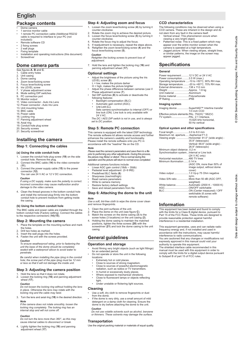 English, Package contents, Dome camera parts | Installing the camera, General guidelines, Specifications, Information | Siemens CVVS1415-LP User Manual | Page 4 / 6