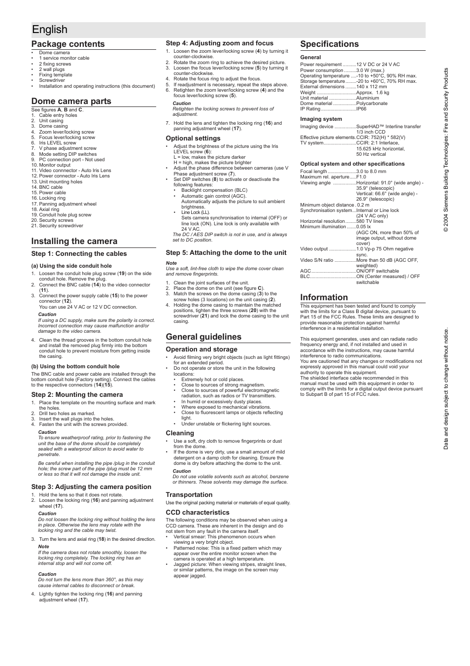 English, Package contents, Dome camera parts | Installing the camera, General guidelines, Specifications, Information | Siemens CVVS1415-LP User Manual | Page 6 / 6