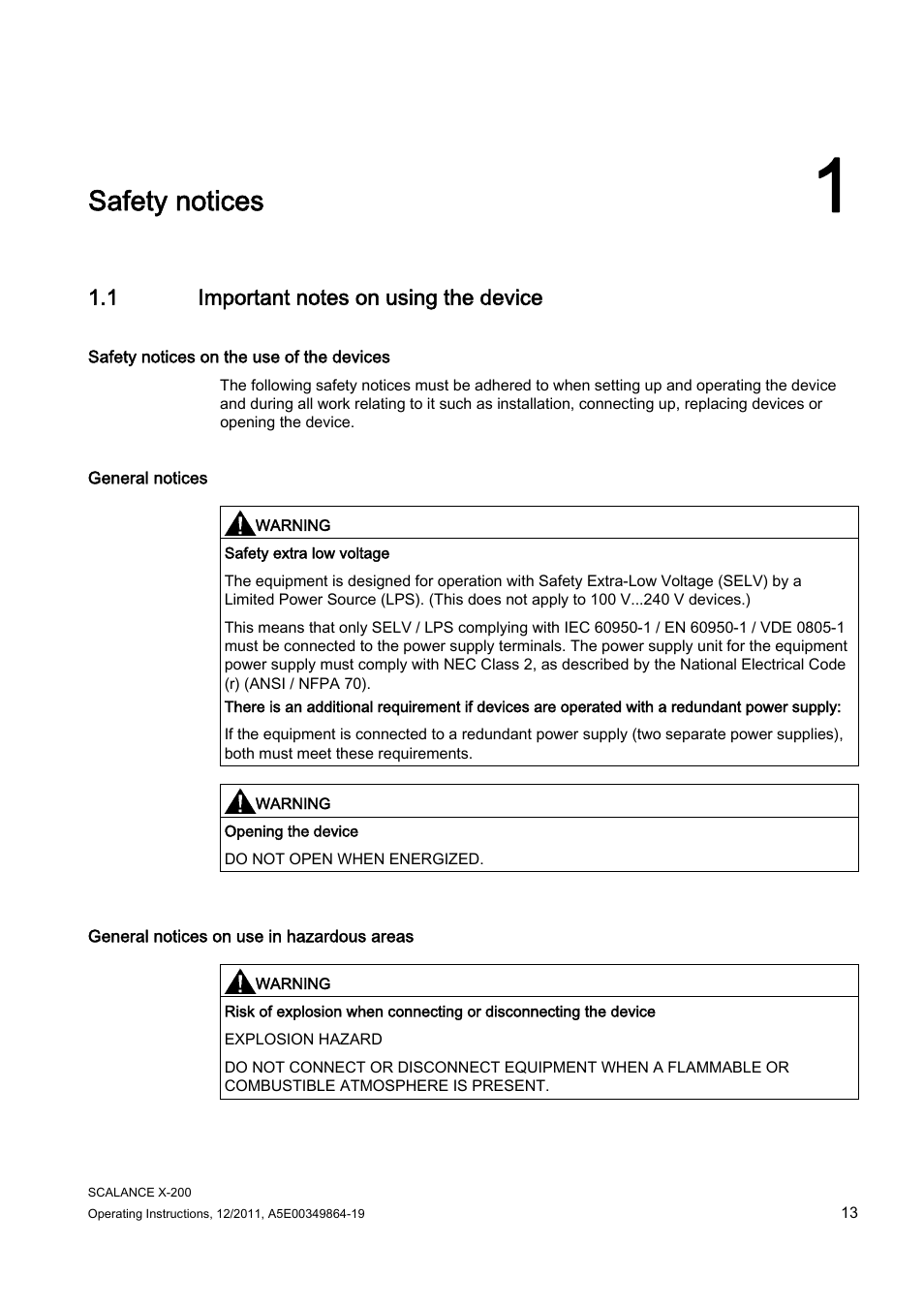 1 safety notices, 1 important notes on using the device, Safety notices | Siemens Industrial Ethernet Switches SCALANCE X-200 User Manual | Page 13 / 296