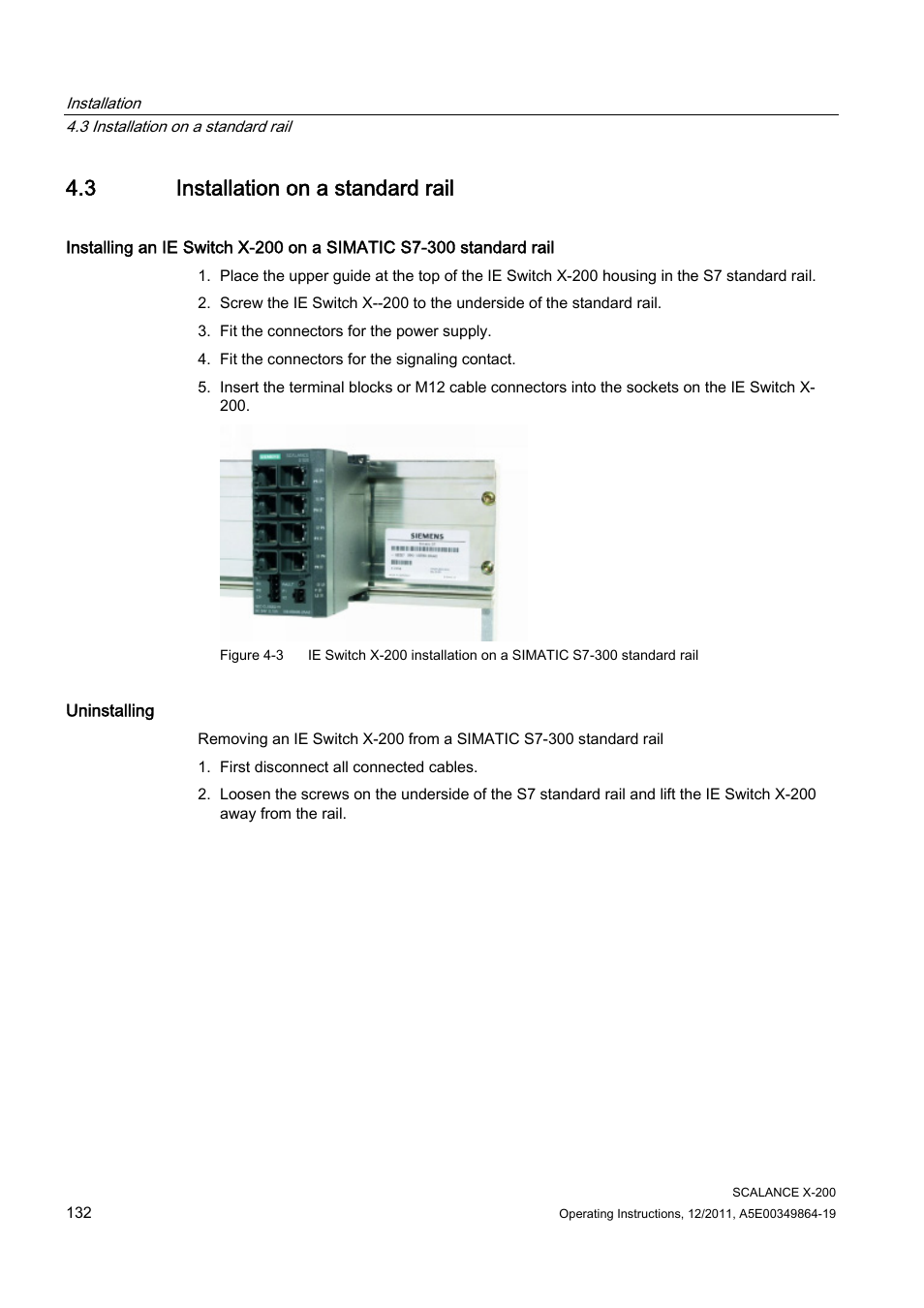 3 installation on a standard rail | Siemens Industrial Ethernet Switches SCALANCE X-200 User Manual | Page 132 / 296