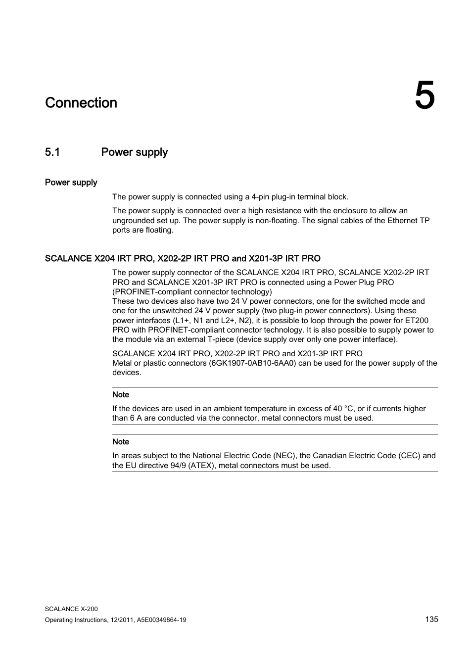 5 connection, 1 power supply, Connection | Siemens Industrial Ethernet Switches SCALANCE X-200 User Manual | Page 135 / 296