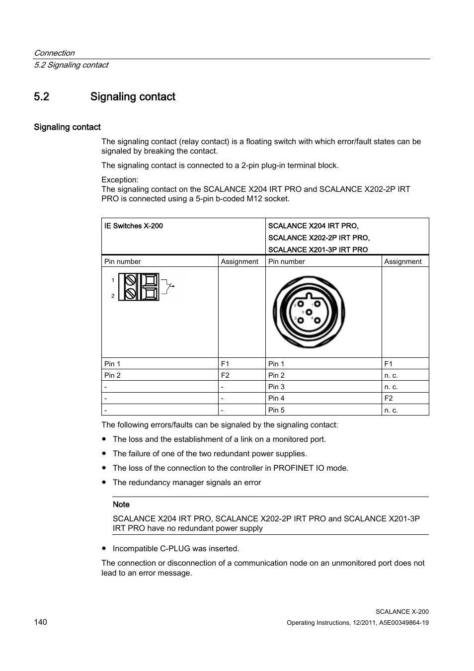 2 signaling contact | Siemens Industrial Ethernet Switches SCALANCE X-200 User Manual | Page 140 / 296