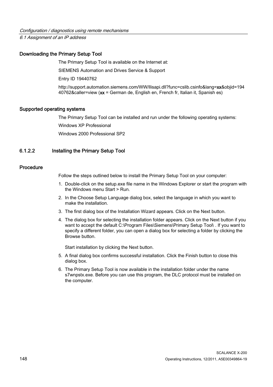 2 installing the primary setup tool | Siemens Industrial Ethernet Switches SCALANCE X-200 User Manual | Page 148 / 296