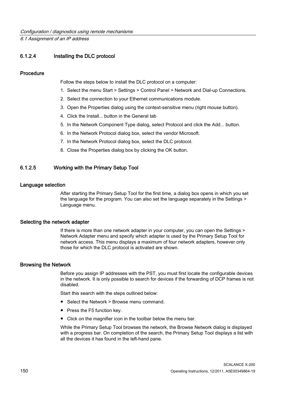 4 installing the dlc protocol, 5 working with the primary setup tool | Siemens Industrial Ethernet Switches SCALANCE X-200 User Manual | Page 150 / 296