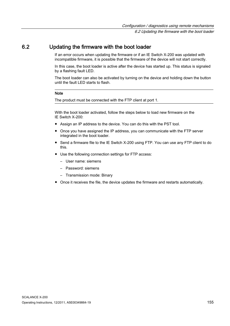 2 updating the firmware with the boot loader | Siemens Industrial Ethernet Switches SCALANCE X-200 User Manual | Page 155 / 296